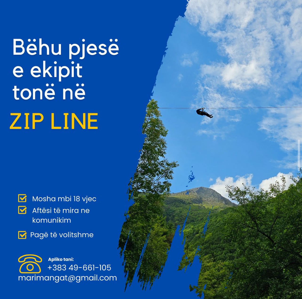 “Zip Line” në Pejë ju fton të bëheni pjesë e ekipit të saj
